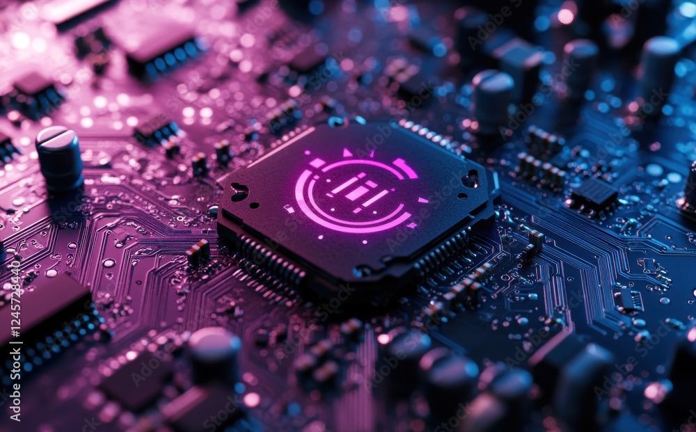 Close-Up of Futuristic Circuit Board with Colorful Microchip and Neon Lights Highlighting Technology and Innovation in Modern Electronics Close-Up of Futuristic Circuit Board with Colorful Microchip and Neon Lights Highlighting Technology and Innovation in Modern Electronics