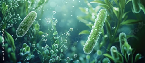 Vibrant microscopic view of Legionella bacteria in green aquatic environment, showcasing natural elements with soft lighting for educational purposes.