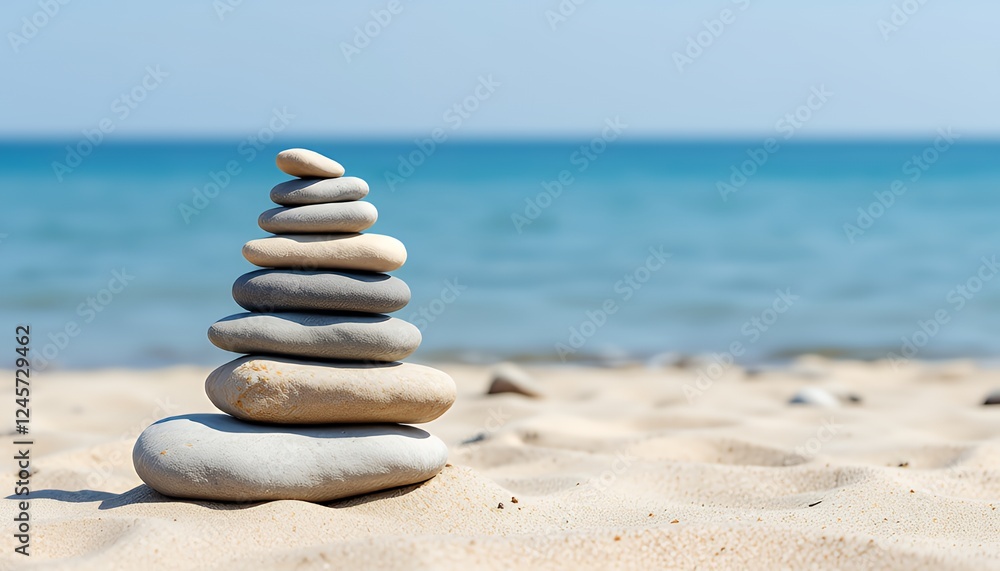Balanced stones on beach, serenity by the sea Balanced stones on beach, serenity by the sea