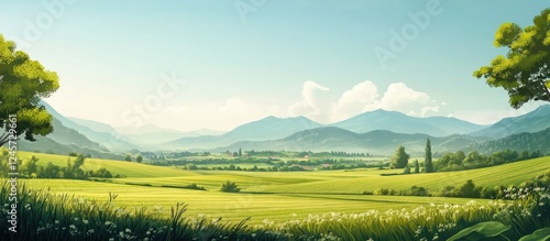 Vibrant green fields stretch across the landscape under a clear blue sky with rolling mountains in the background creating an ideal rural scene for agritech content