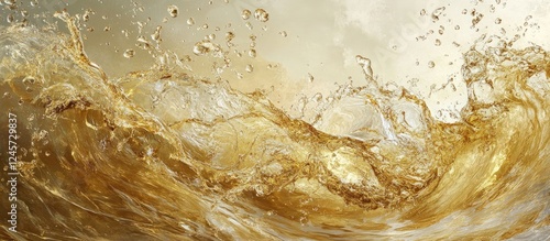 Golden liquid droplets splashing through dark amber water waves creating dynamic motion with smooth textures and glistening reflections in the background
