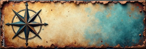 Worn weathered nautical banner, frayed edges, compass rose, weathered, sea, photography