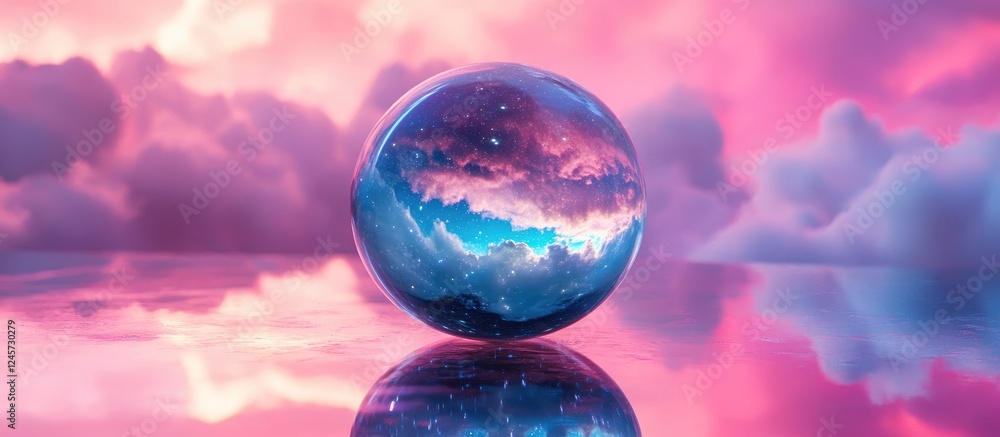 A glass marble depicting a cloudy starry scene in vibrant blue and purple against a pink reflective base evoking an abstract futuristic vibe A glass marble depicting a cloudy starry scene in vibrant blue and purple against a pink reflective base evoking an abstract futuristic vibe