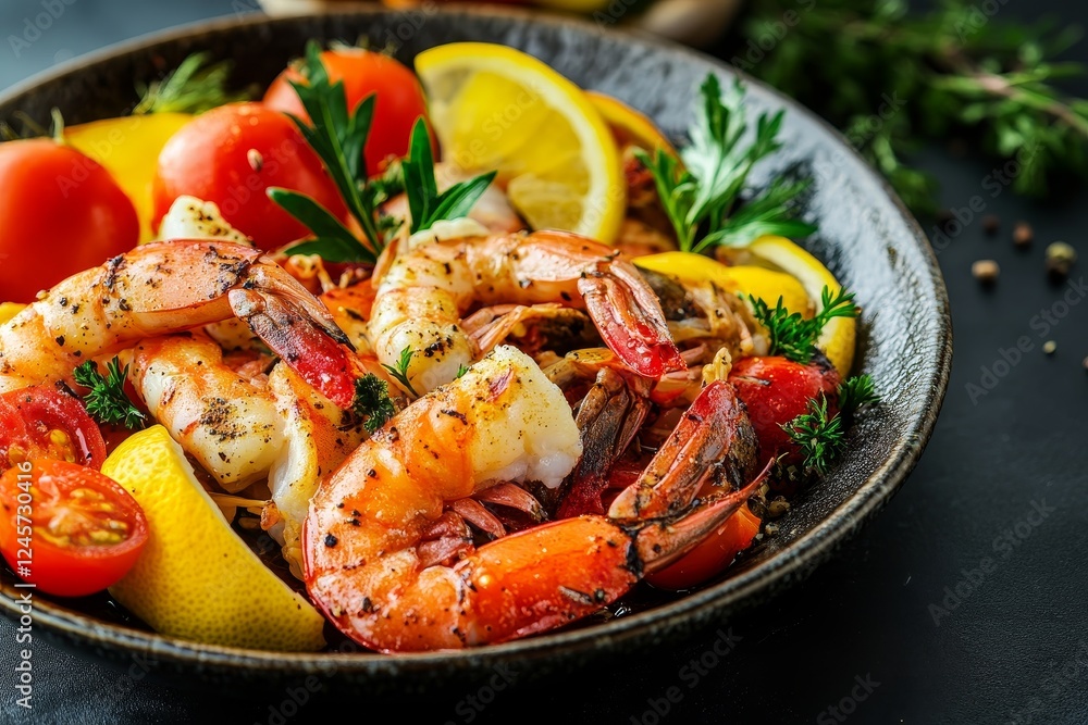 Grilled shrimp, lemon, tomatoes, herbs, dark background, food photography Grilled shrimp, lemon, tomatoes, herbs, dark background, food photography