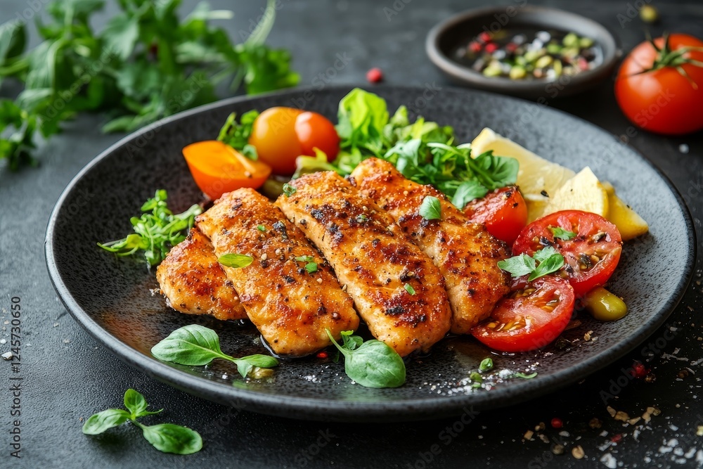 Grilled salmon, salad, lemon, dark background, recipe Grilled salmon, salad, lemon, dark background, recipe