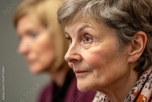 Older woman listening intently during a group discussion in a modern conference room setting