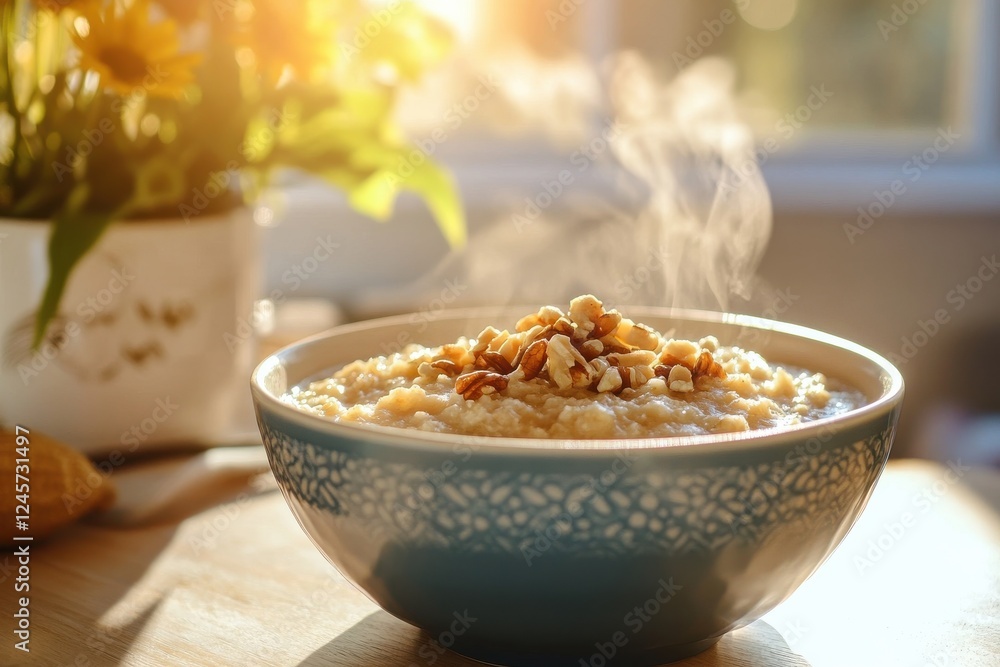 Warm bowl of oatmeal topped with nuts in a cozy kitchen during morning light Warm bowl of oatmeal topped with nuts in a cozy kitchen during morning light