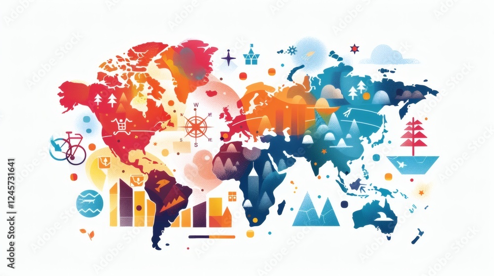 Fototapeta premium Colorful Artistic World Map Illustration with Iconic Symbols and Patterns
