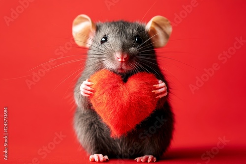 Commercial graphic layout. Marketing idea. Rat - my beloved animal. Cute rat baby with fluffy red heart - symbol of love, funny greeting card. Valentine's animal decorations. Romantic animals. photo