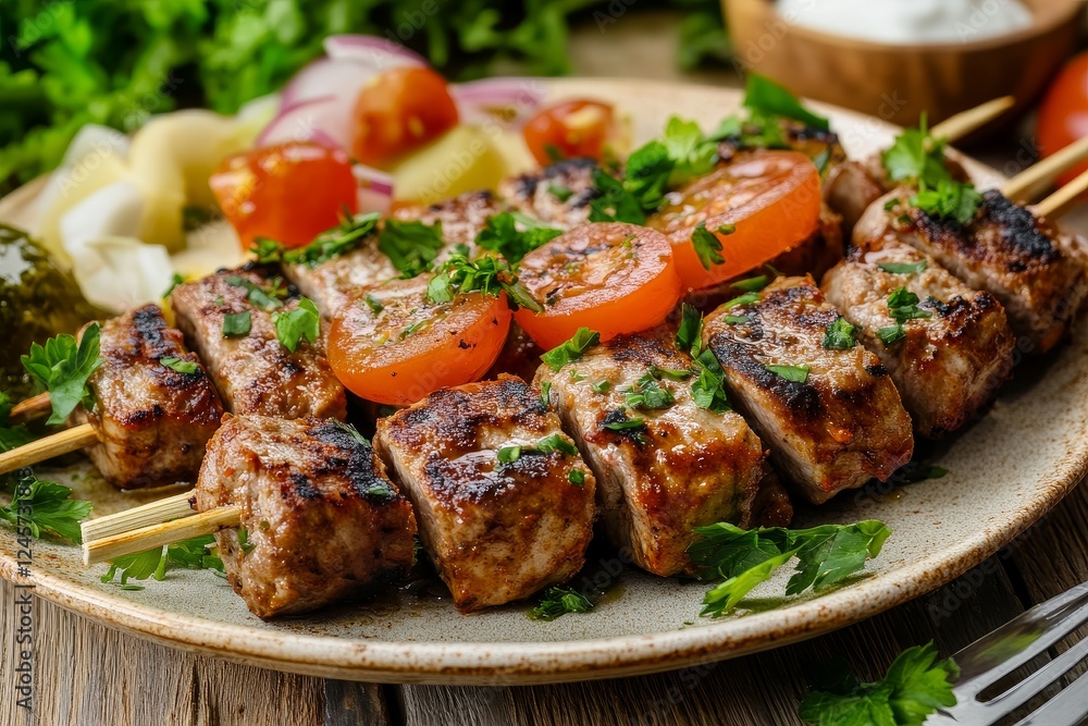Grilled kebab skewers, tomato garnish, side salad, wooden table, restaurant menu Grilled kebab skewers, tomato garnish, side salad, wooden table, restaurant menu