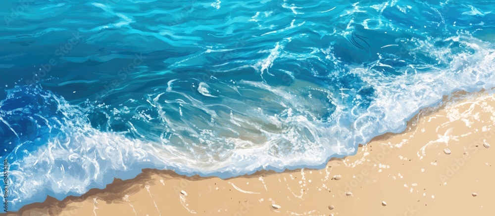 Vibrant turquoise water meets soft sandy beach with gentle rolling waves creating ripples and light splashes in a serene coastal scene. Vibrant turquoise water meets soft sandy beach with gentle rolling waves creating ripples and light splashes in a serene coastal scene.