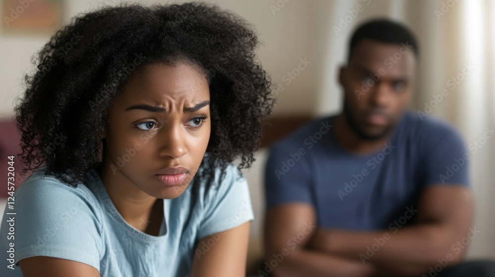A tense moment between a couple, showcasing emotional conflict and unresolved issues through their expressions and body language. A tense moment between a couple, showcasing emotional conflict and unresolved issues through their expressions and body language.