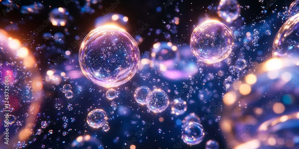 Soap bubbles floating in the air and reflecting colorful lights create a magical atmosphere Soap bubbles floating in the air and reflecting colorful lights create a magical atmosphere