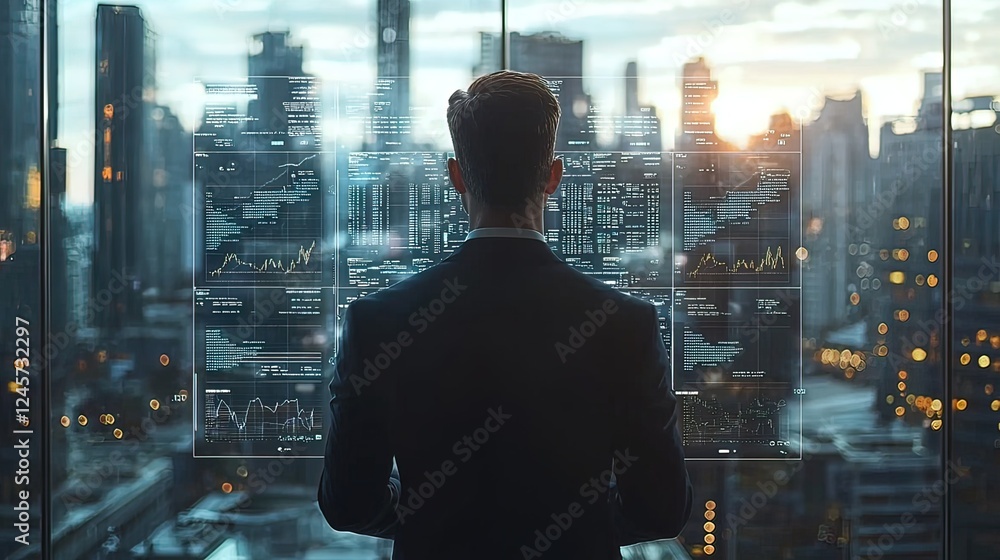 Businessman reviewing data, cityscape sunset Businessman reviewing data, cityscape sunset