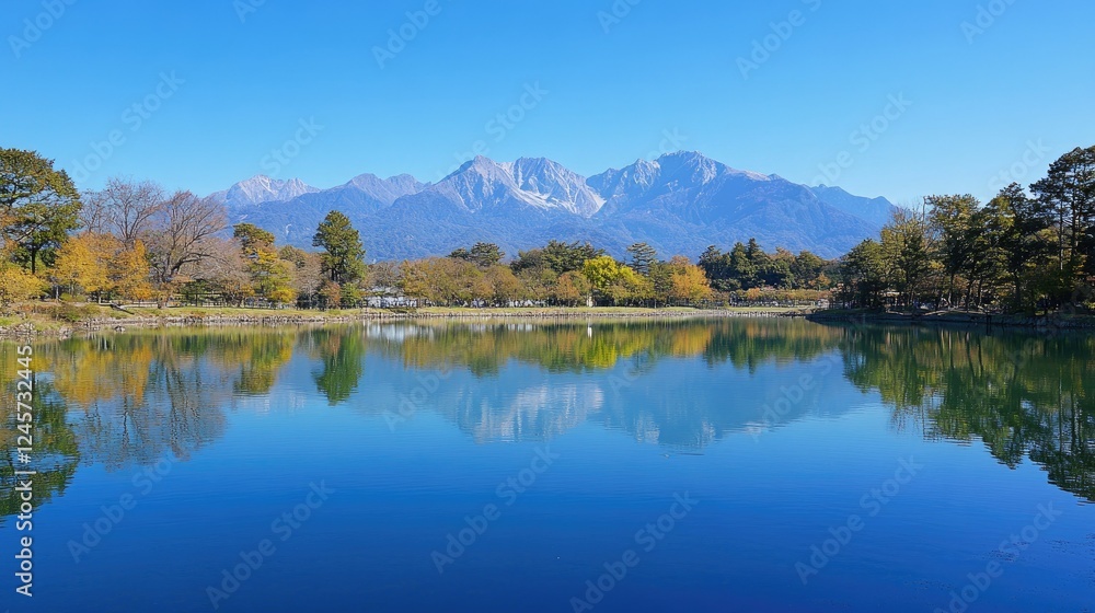 Panoramic view of a serene alpine landscape featuring a majestic mountain with a snow-capped peak, Panoramic view of a serene alpine landscape featuring a majestic mountain with a snow-capped peak,