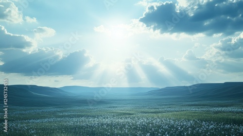A serene blue sky with soft, white clouds and radiant sunlight streaming from behind the clouds,