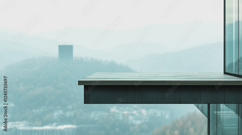 a modern building's balcony with a misty view of a distant city. The sleek lines of the building contrast with the soft, blurry landscape in the background a modern building's balcony with a misty view of a distant city. The sleek lines of the building contrast with the soft, blurry landscape in the background