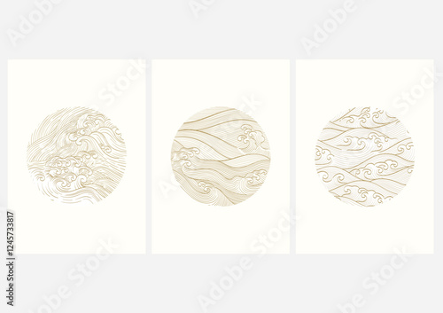 Abstract landscape with Japanese wave pattern vector. Nature art background with Chinese wave and cloud template in oriental style.