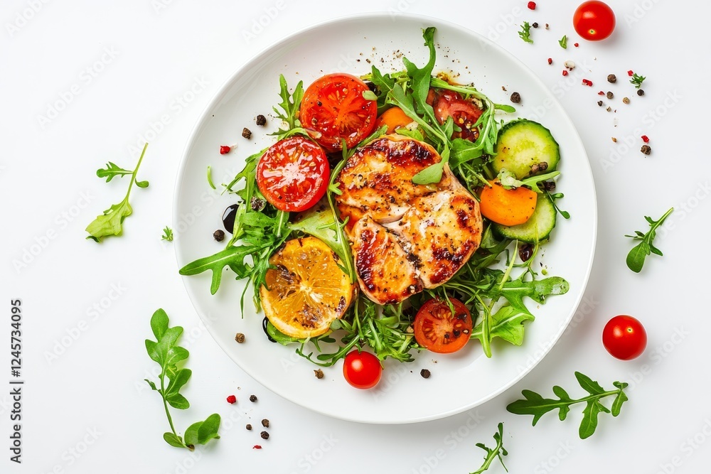 Grilled fish salad, white background, healthy lunch, overhead shot, food photography Grilled fish salad, white background, healthy lunch, overhead shot, food photography