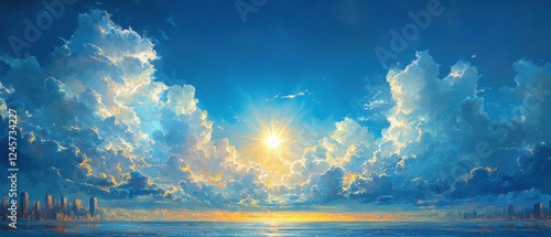 Bright Blue Sky with Sun and Clouds in Summer Heat