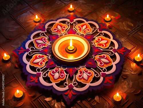 Intricate Rangoli Design with Lit Candles for Diwali Festival