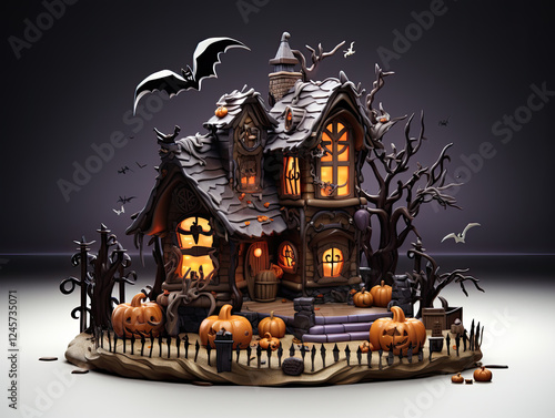 Enchanted Halloween Cottage nestled amongst gnarled trees and glowing pumpkins under a dark night sky