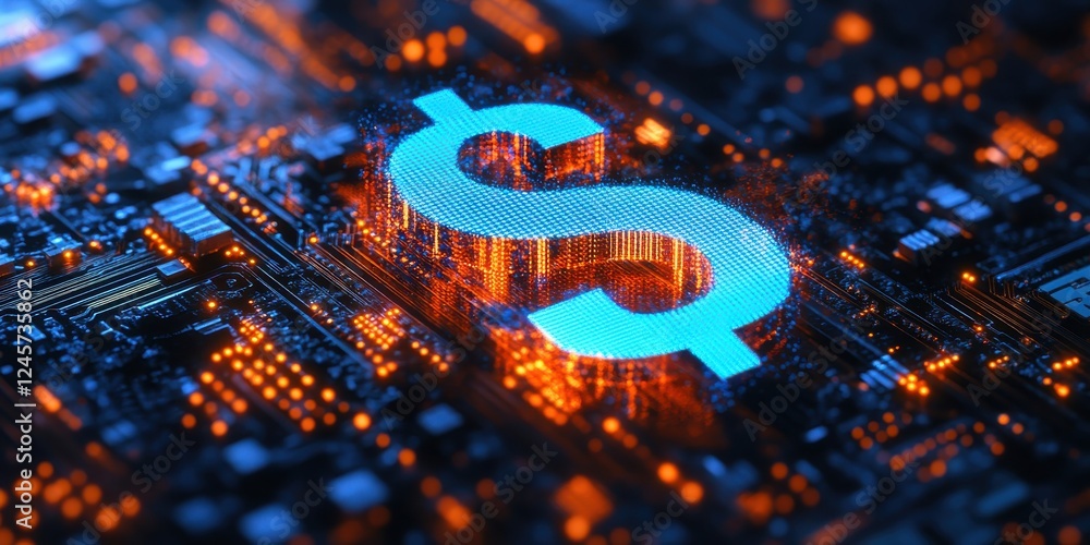 Digital Currency Symbol on Circuit Board Background Representing Financial Technology and Electronic Transactions in a Futuristic Setting