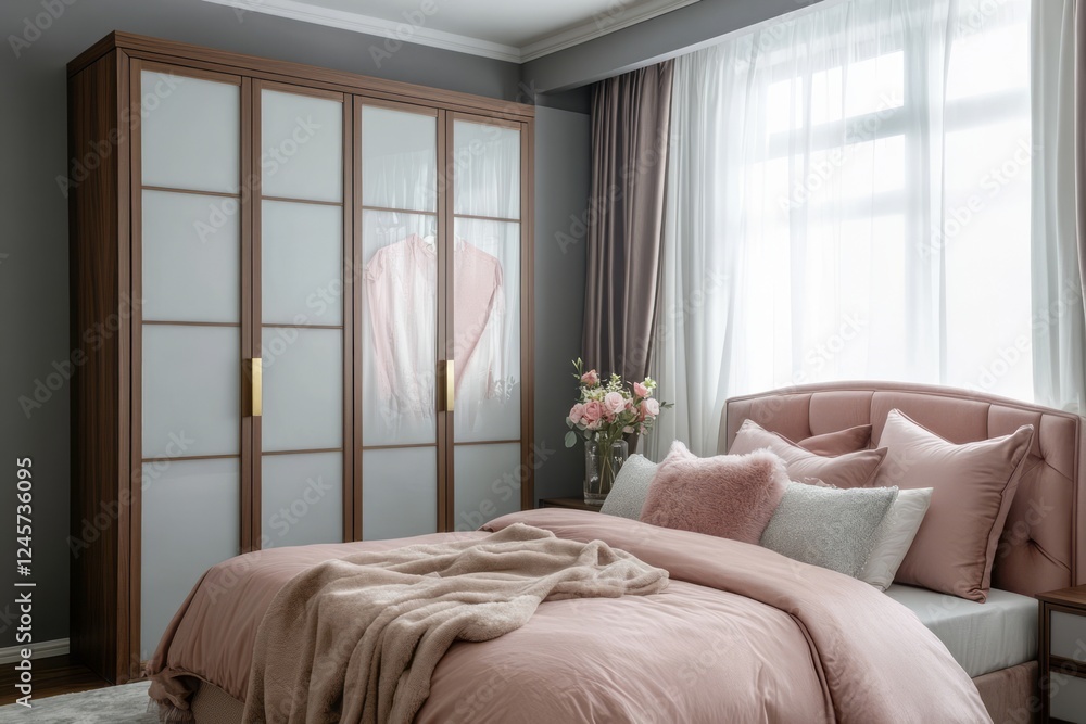 Fototapeta premium Modern Bedroom Interior Design Featuring a Pink Bed and Wooden Wardrobe