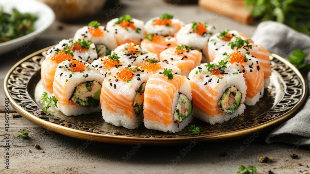 A mouth-watering display of sushi rolls, garnished with sesame seeds and green onion, arranged on a gold platter. The sushi appears to be filled with tuna and avocado, offering a vibrant mix of colors A mouth-watering display of sushi rolls, garnished with sesame seeds and green onion, arranged on a gold platter. The sushi appears to be filled with tuna and avocado, offering a vibrant mix of colors