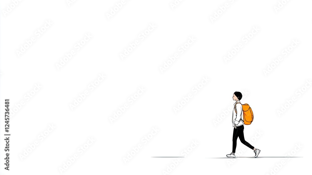 A person with an orange backpack walking in a minimalist urban setting with a plain background A person with an orange backpack walking in a minimalist urban setting with a plain background