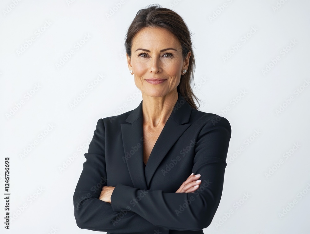 Stylized, full-length portrait of a woman in a business suit with her arms crossed. She exudes confidence and authority. Stylized, full-length portrait of a woman in a business suit with her arms crossed. She exudes confidence and authority.