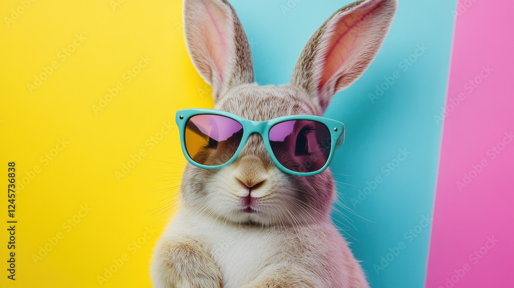 Stylish bunny with sunglasses on bright colorful backdrop for Easter celebration