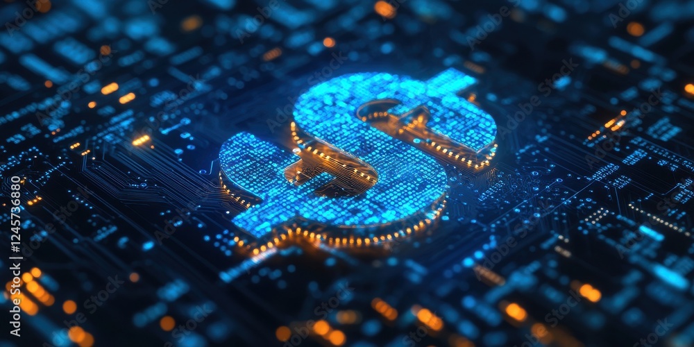 Fototapeta premium Digital Dollar Symbol with Circuit Patterns Illustrating Financial Technology and Cryptocurrency Innovations in a Futuristic Concept