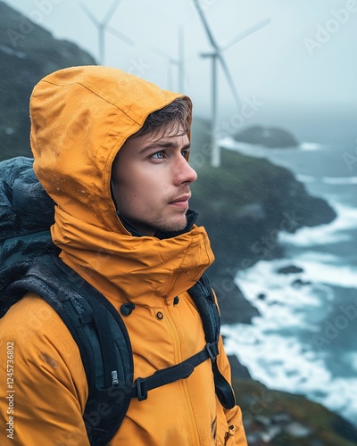 Hiker in Yellow Jacket Admiring Coastal View with Wind Turbines