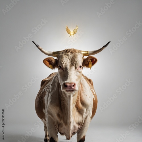 A photorealistic cow drinking water, with a plain white background.