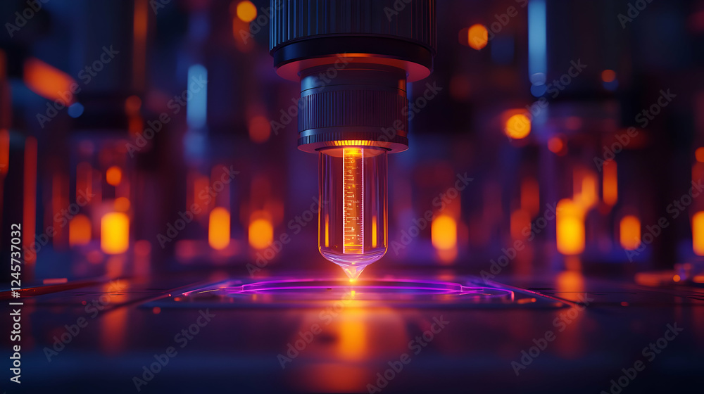 Microscopic analysis in lab, glowing sample Microscopic analysis in lab, glowing sample