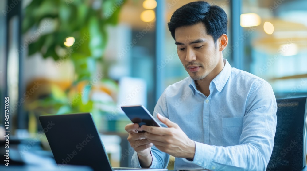 Image depicts a man engrossed in his work on a laptop, seated at a table in an office environment with contemporary furniture and decor. Image depicts a man engrossed in his work on a laptop, seated at a table in an office environment with contemporary furniture and decor.