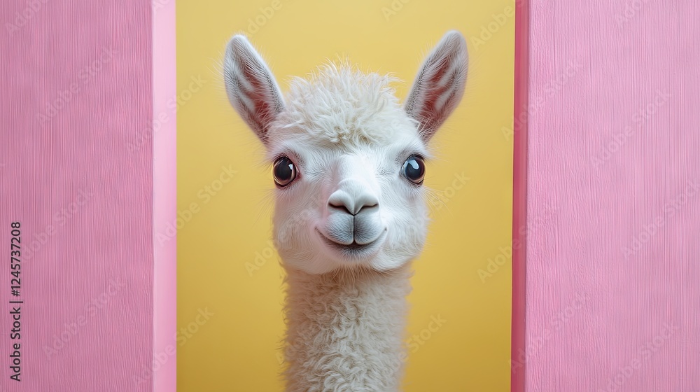 Fototapeta premium An alpaca peeking over a pastel-colored background, ideal for advertisements, banners, or cards with space for text.
