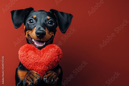 Promotion visual idea. Cute doberman pinscher dog with fluffy red heart - emblem of love, funny greeting card. Doberman pinscher - my beloved dog. Dog cuddling heart. Dog valentine's gifts.