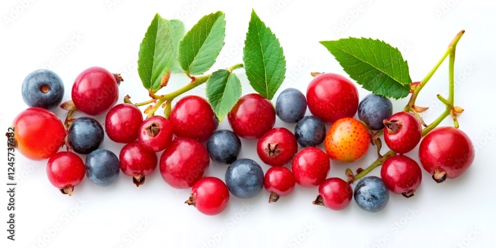 Vibrant assortment of fresh berries with leaves Vibrant assortment of fresh berries with leaves