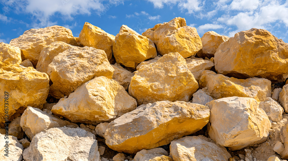 A large pile of large, yellow rocks against a bright blue sky with white clouds. A large pile of large, yellow rocks against a bright blue sky with white clouds.