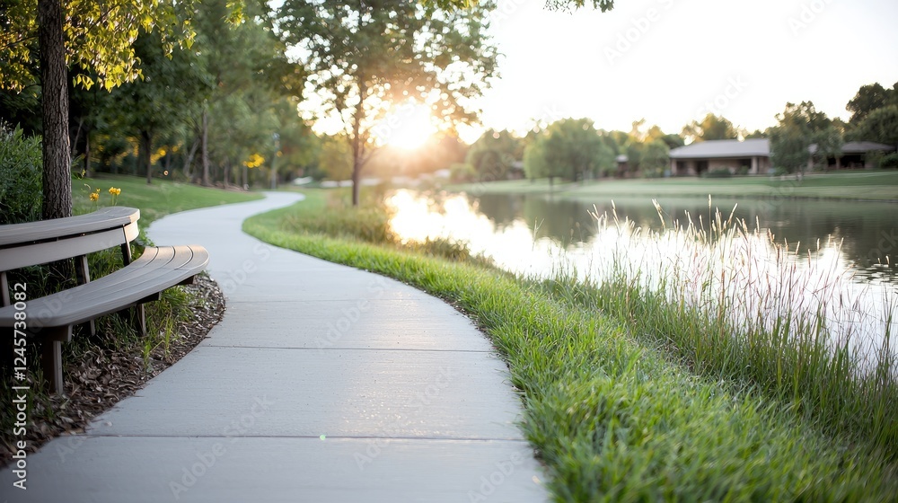 Fototapeta premium Serene sunset walk path by lake, homes in background