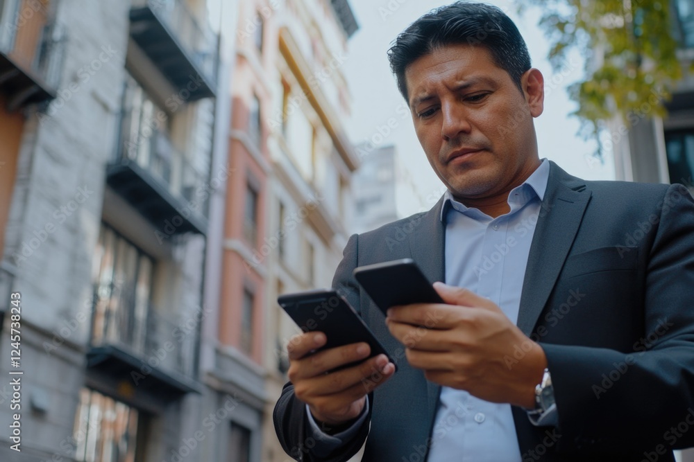 This image captures a moment of urban life, featuring a man dressed in business attire engrossed in his smartphone as he stands on a city street corner. The scene suggests a typical day for a This image captures a moment of urban life, featuring a man dressed in business attire engrossed in his smartphone as he stands on a city street corner. The scene suggests a typical day for a