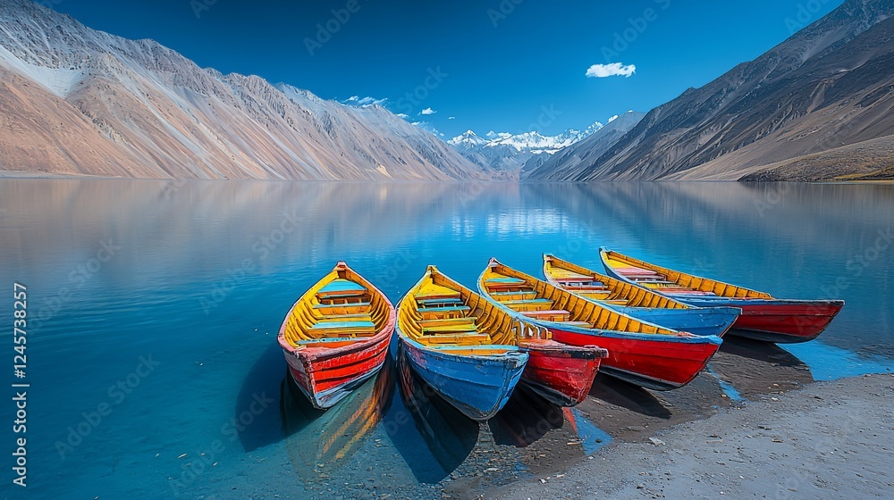 Colorful boats at mountain lake, scenic reflection, tranquil background Colorful boats at mountain lake, scenic reflection, tranquil background