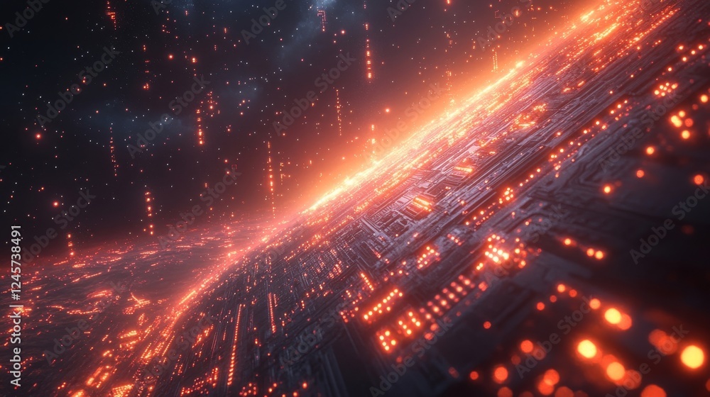 Naklejka premium Cyberpunk Planet: A Futuristic Digital Landscape