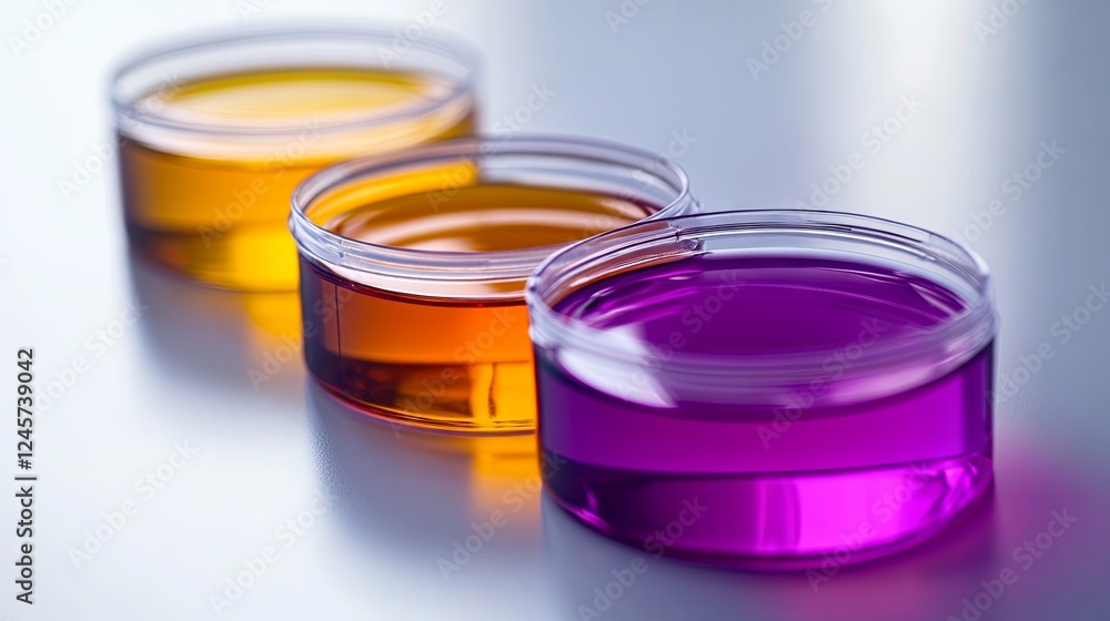 Petri dishes and cups containing liquids, arranged in a kit. Featuring chemical elements, oils, cosmetics, gels, water, molecules, and viruses, captured in a close-up shot against a white background Petri dishes and cups containing liquids, arranged in a kit. Featuring chemical elements, oils, cosmetics, gels, water, molecules, and viruses, captured in a close-up shot against a white background