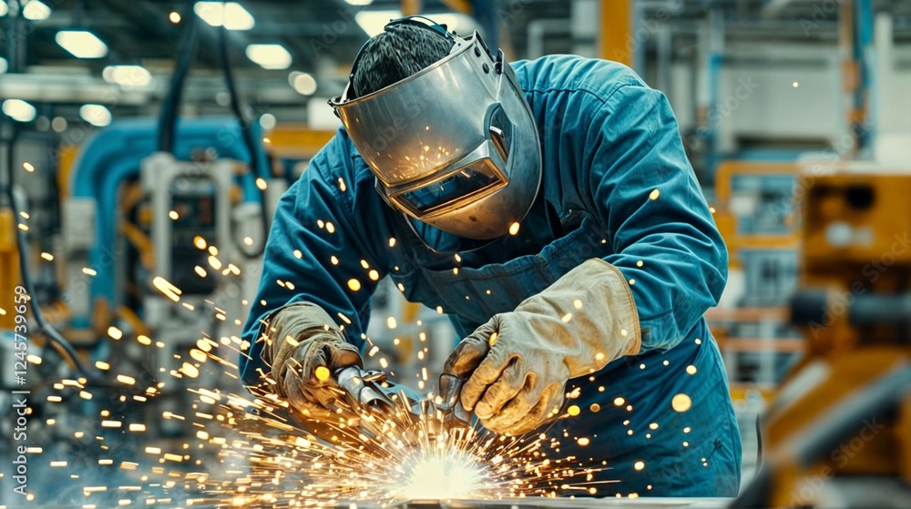 A man in a protective mask performs electric arc welding in a shower of sparks on factory workshop background. Industrial work and welding concept. Lifestyle shot for poster, presentation, design A man in a protective mask performs electric arc welding in a shower of sparks on factory workshop background. Industrial work and welding concept. Lifestyle shot for poster, presentation, design