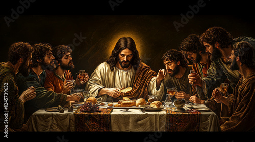 The Last Supper with Judas’ betrayal: Jesus sits at the table, solemnly breaking bread and sharing wine with His disciples. Judas, in the background, is filled with guilt as betrayal looms