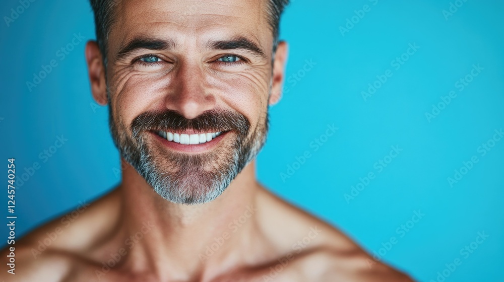 Obraz premium A bearded man wearing a sleeveless top with a fit body, exhibiting a smile and strong eye contact against a blue backdrop. A stock photo for fitness themes, personal branding, wellness, lifestyle, gym