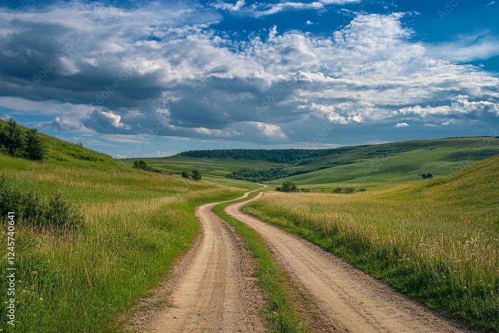 Winding dirt road through grassy hills, scenic summer landscape, travel background Winding dirt road through grassy hills, scenic summer landscape, travel background